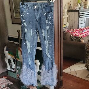 Embellished Blue Jeans with Faux Fur Hem